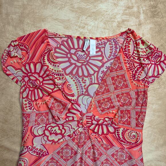 Ambrielle Floral Paisley Empire Waist Fit & Flare Top V Neck Geometric Boho Y2K - Picture 2 of 7